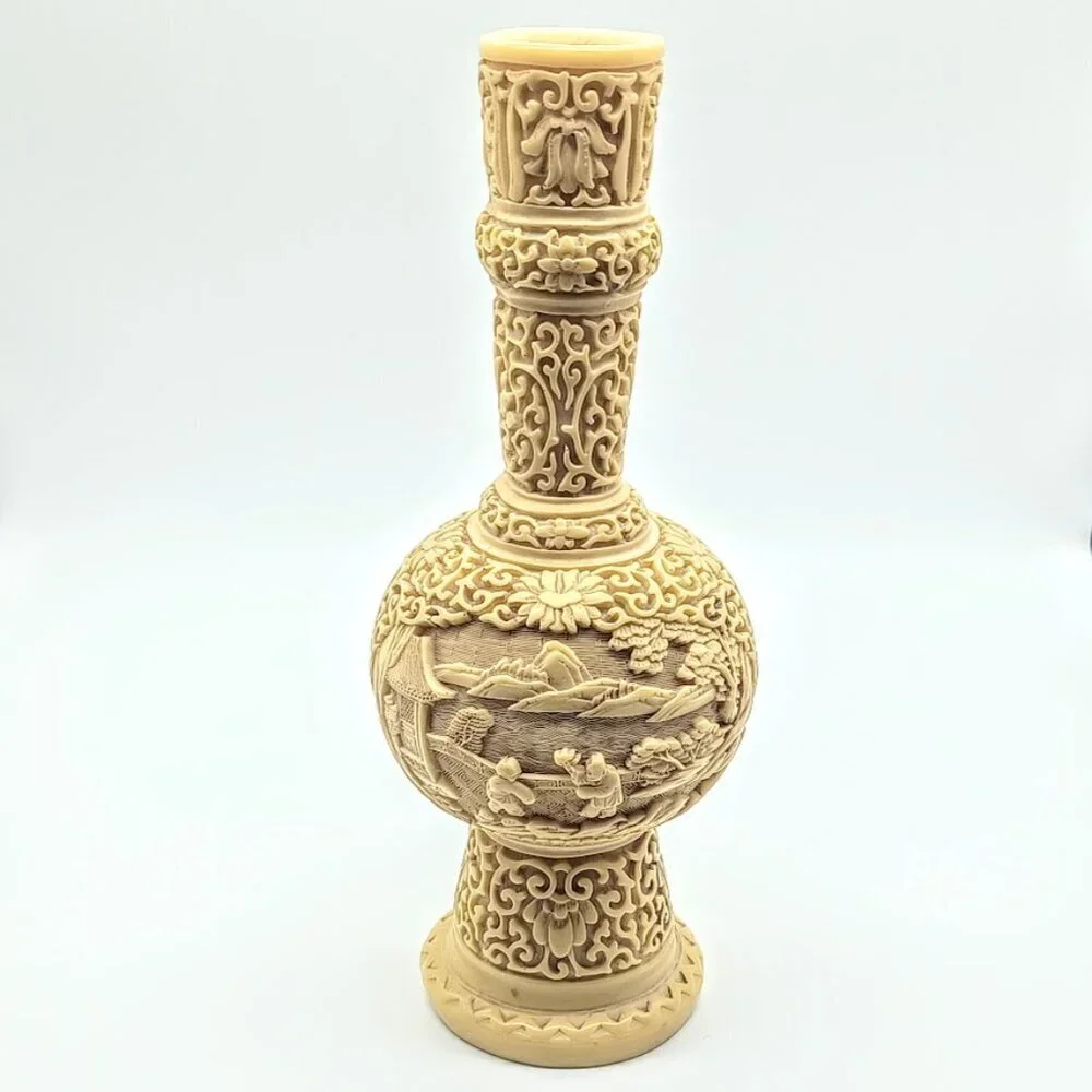Chinese Carved White Cinnabar Tapered Candle Holder Vase